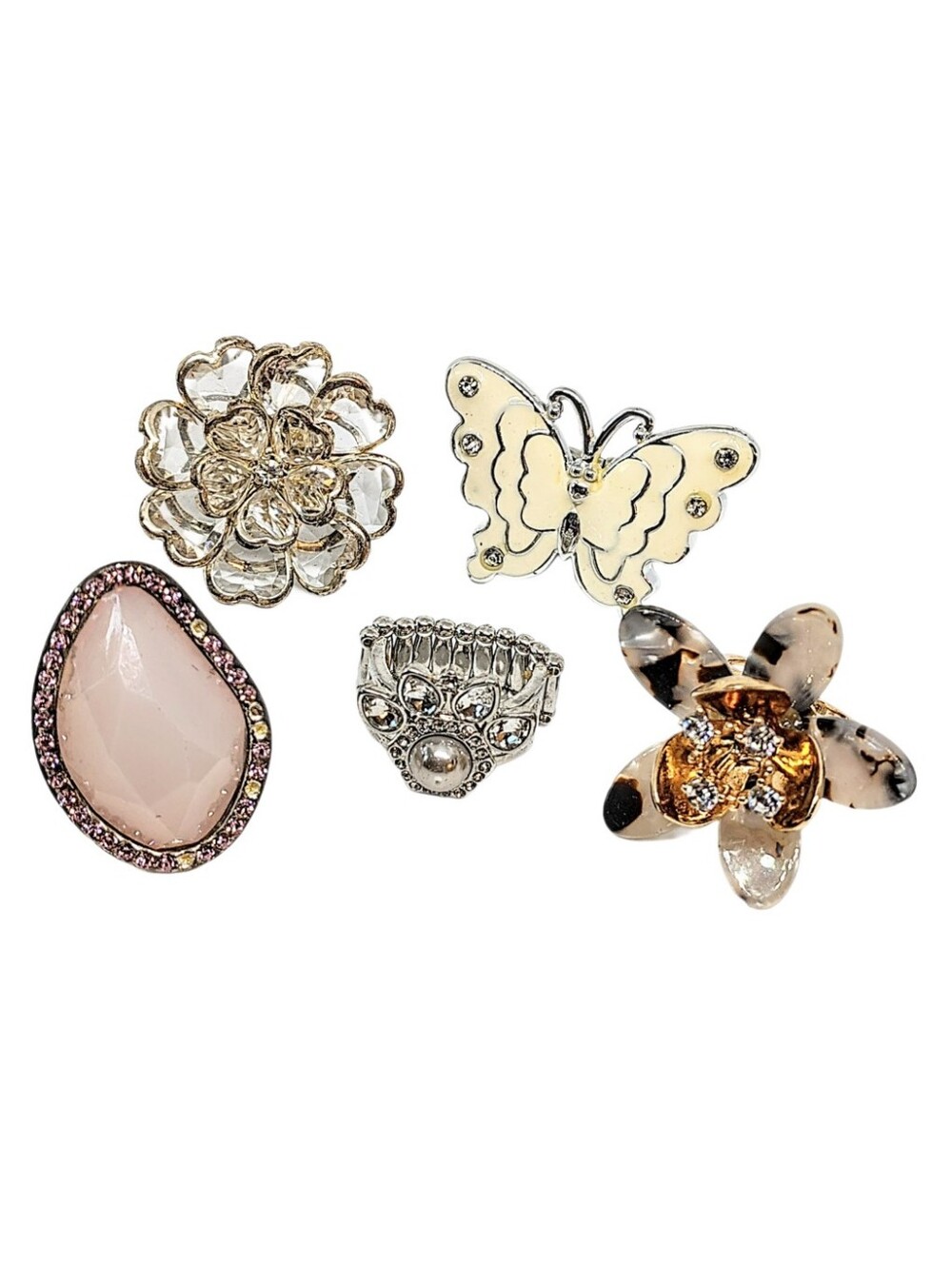 🩷 5pc Fashion Chunky Stretchy Rings Rhinestone Fancy Costume Cocktail Ring Lot
